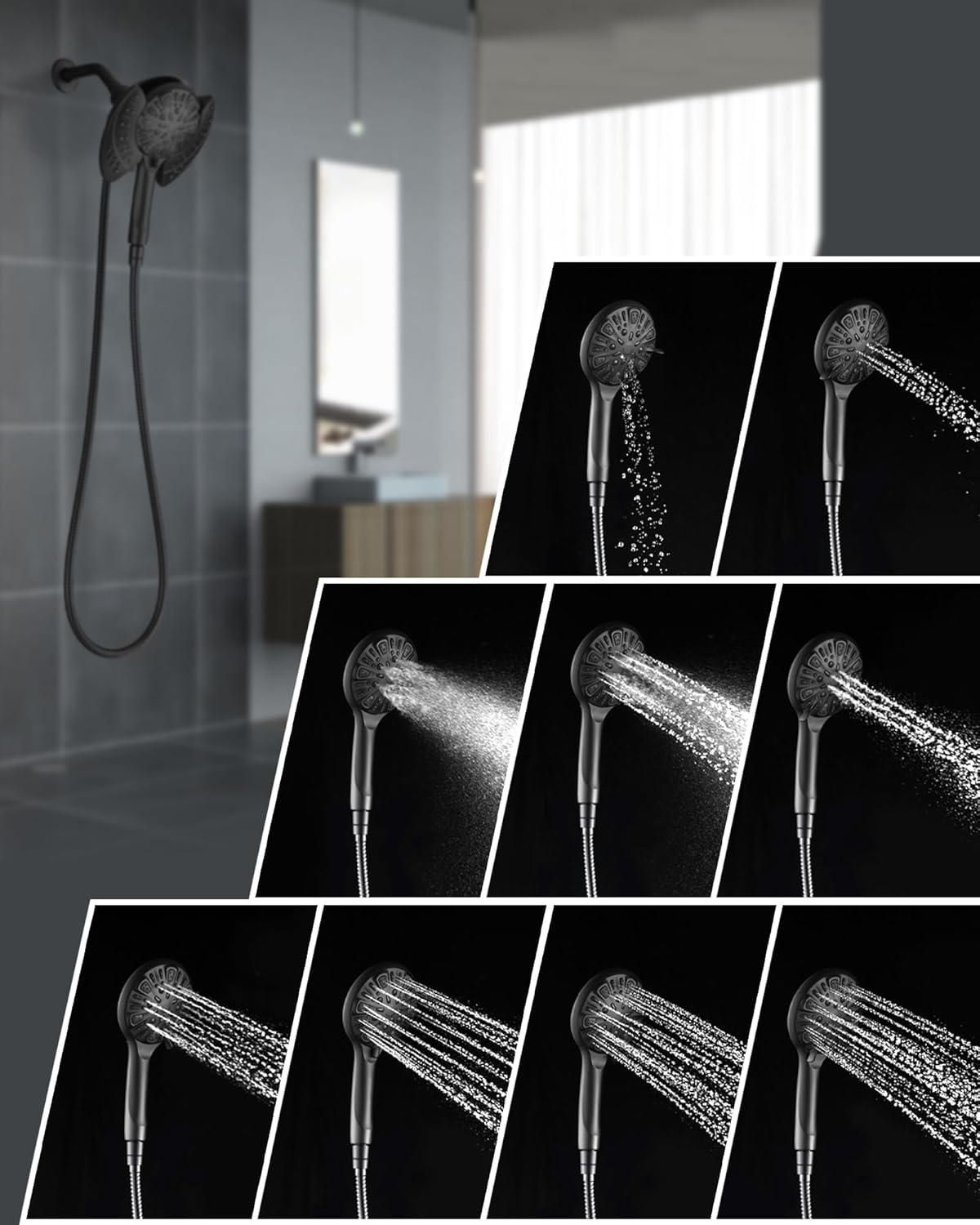INAVAMZ 2-in-1 Shower Head with Handheld Combo, Rainfall Shower Head and 9 Spray Settings Hand Held Shower Head with Hose
