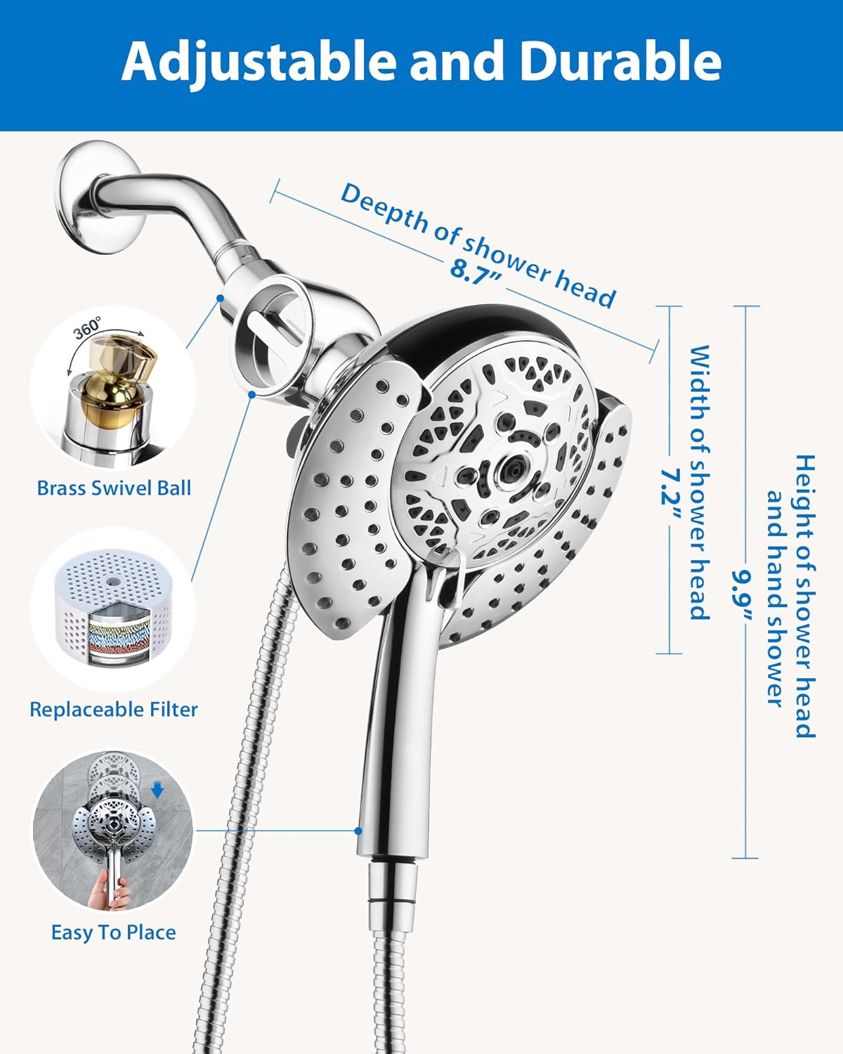 INAVAMZ Filtered Shower Head with Handheld, 2-in-1 Shower Heads with Rain Shower & Handheld Shower Head, 10-Mode Detachable Shower Head with Massage Spray