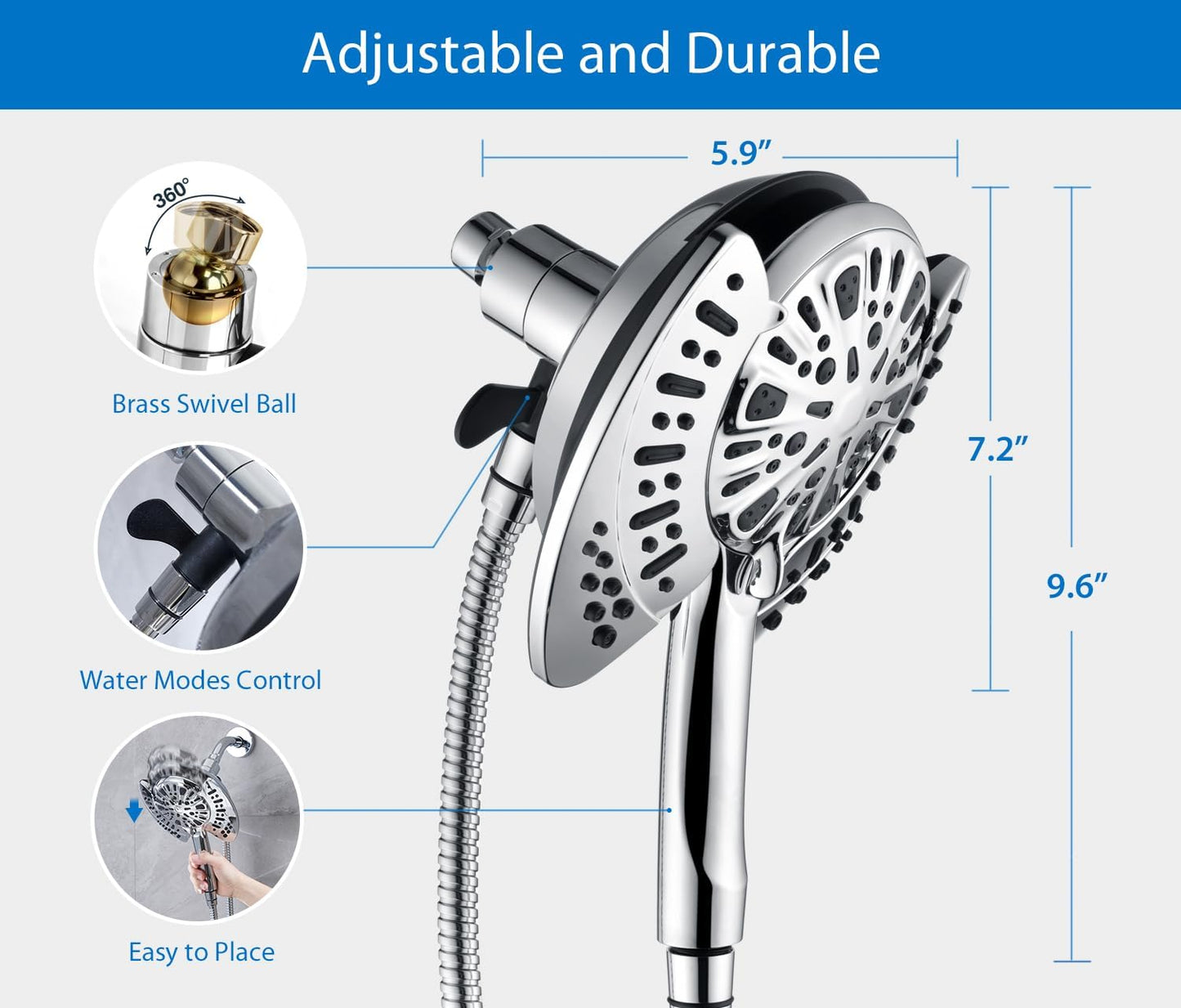 INAVAMZ 2-in-1 Shower Head with Handheld Combo, Rainfall Shower Head and 9 Spray Settings Hand Held Shower Head with Hose
