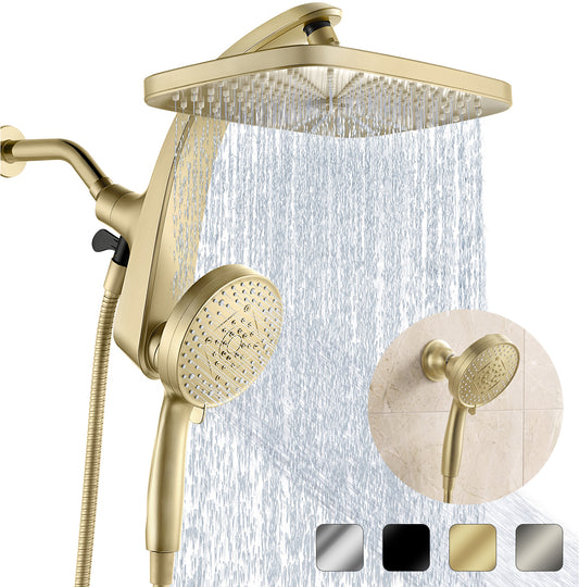 INAVAMZ 12" Rain Shower Head and Handheld Combo, 360° Adjustable Wall Mount, 3+8+1 Spray Modes, Magnetic Dock, Power Jet, 60" Hose,Gold