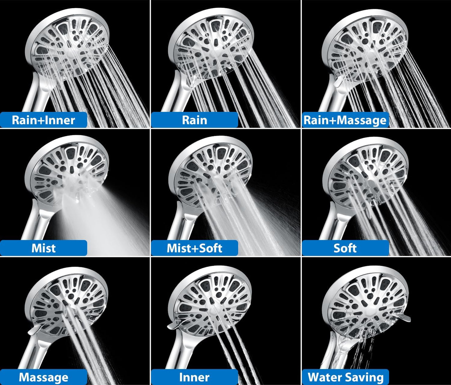 INAVAMZ 2-in-1 Shower Head with Handheld Combo, Rainfall Shower Head and 9 Spray Settings Hand Held Shower Head with Hose