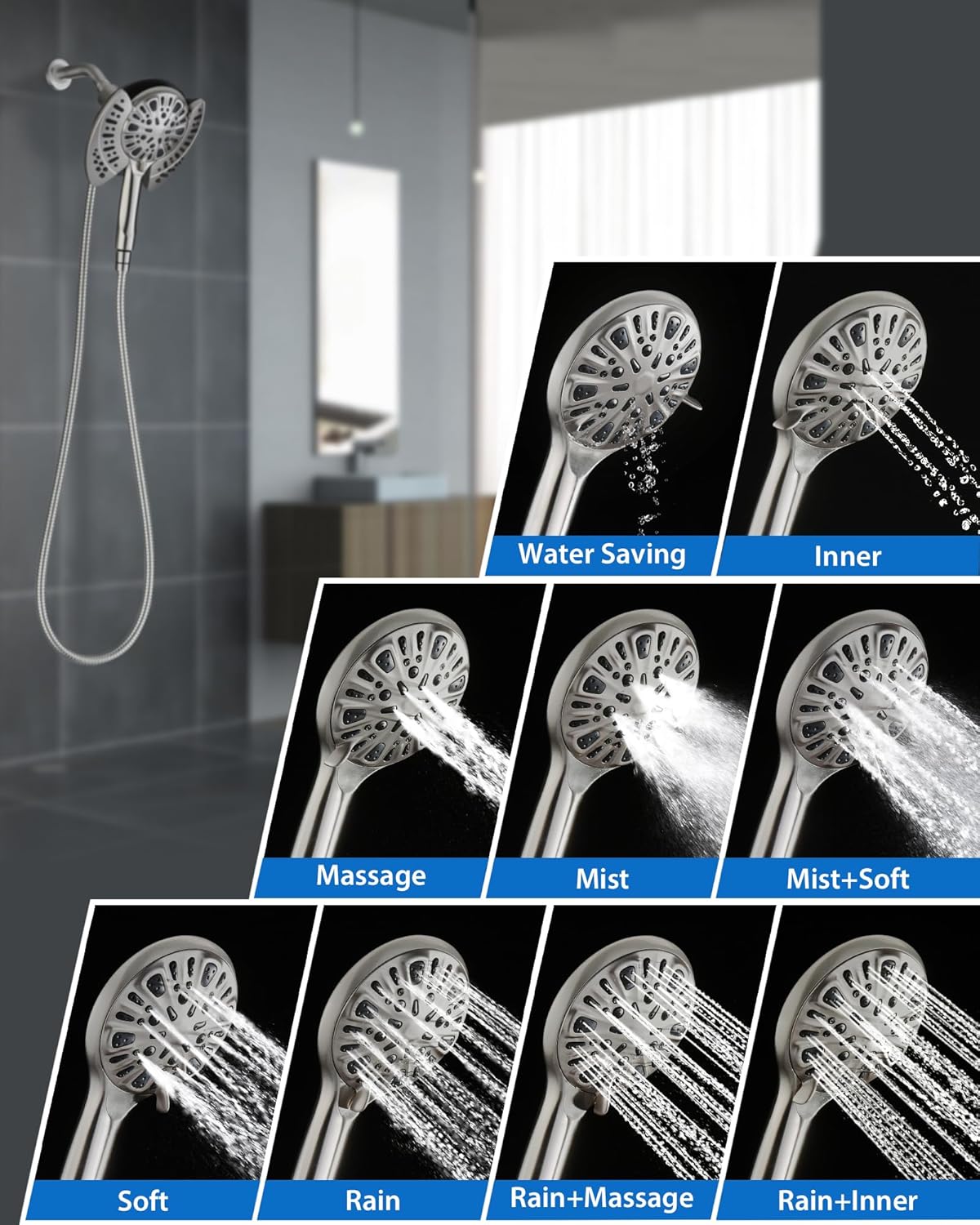 INAVAMZ 2-in-1 Shower Head with Handheld Combo, Rainfall Shower Head and 9 Spray Settings Hand Held Shower Head with Hose