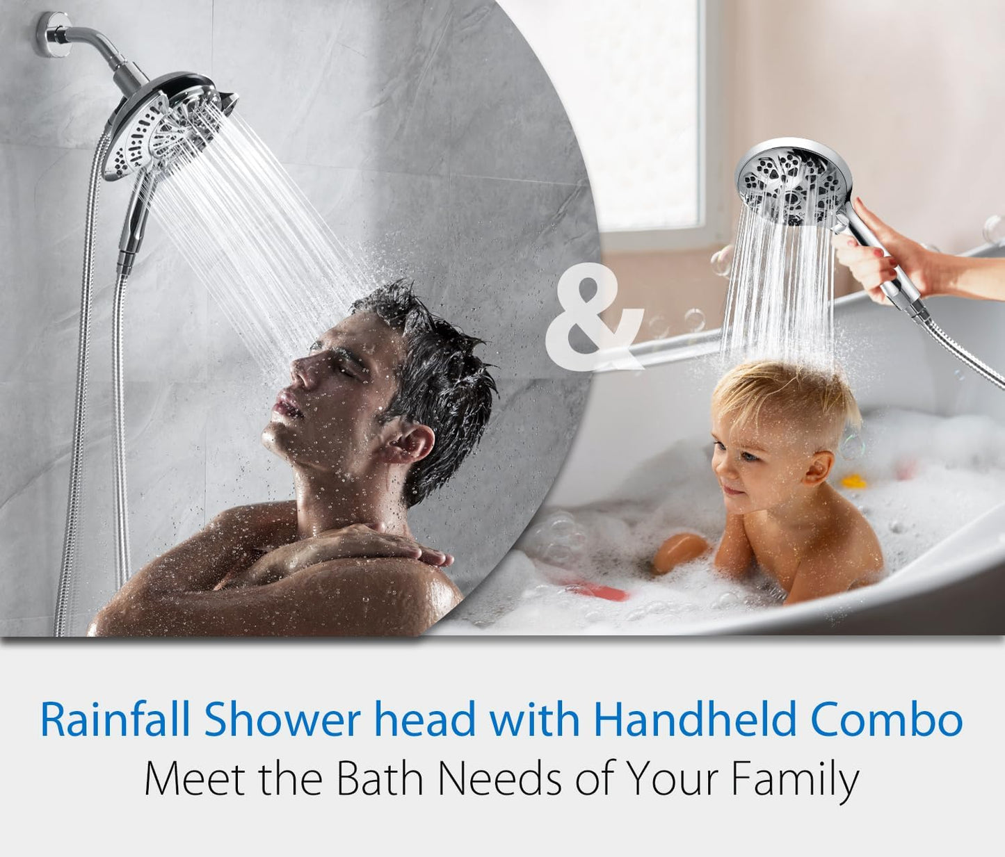 INAVAMZ 2-in-1 Shower Head with Handheld Combo, Rainfall Shower Head and 9 Spray Settings Hand Held Shower Head with Hose