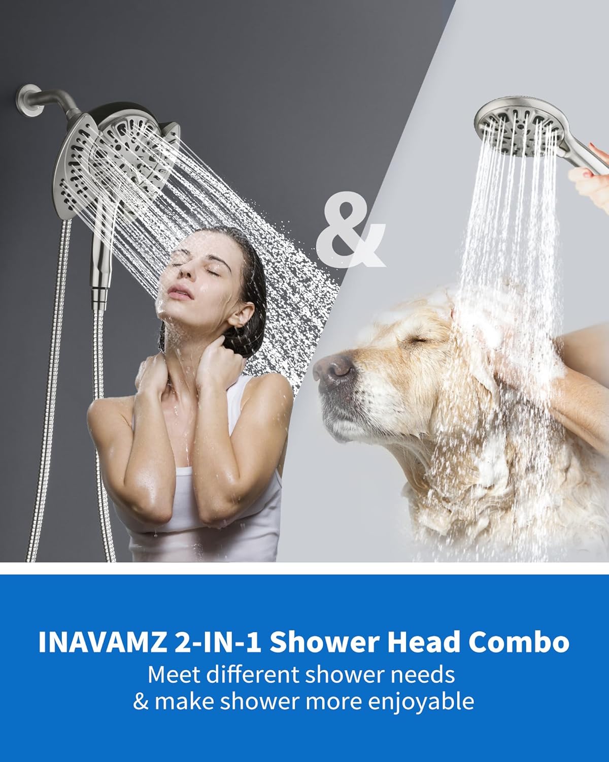 INAVAMZ 2-in-1 Shower Head with Handheld Combo, Rainfall Shower Head and 9 Spray Settings Hand Held Shower Head with Hose