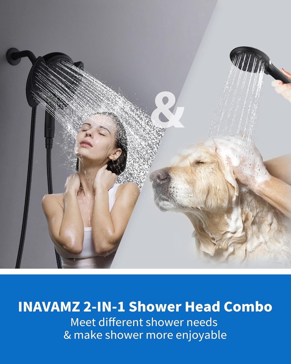 INAVAMZ 2-in-1 Shower Head with Handheld Combo, Rainfall Shower Head and 9 Spray Settings Hand Held Shower Head with Hose